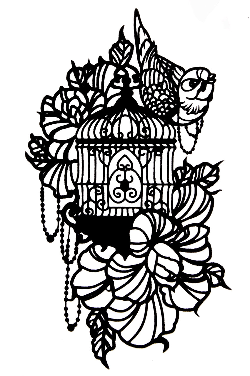 QuickTattoo glitter sjabloon Vogelkooi met bloemen