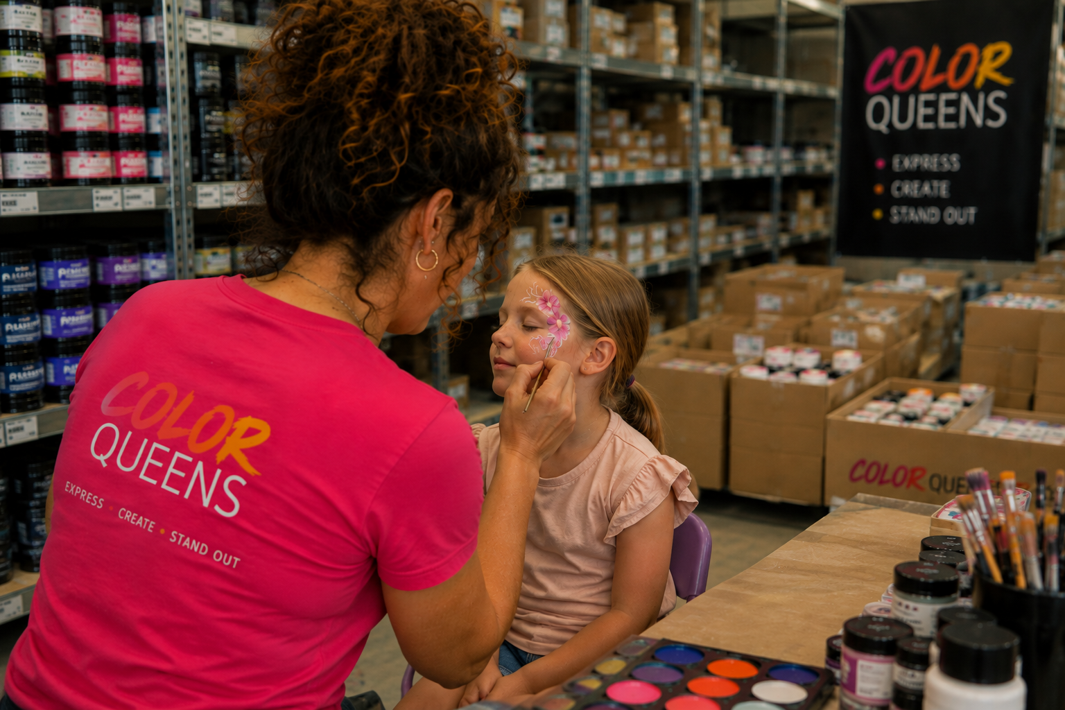 Jade schminkt een kind in het magazijn van ColorQueens